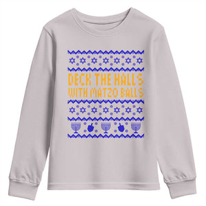 Funny Ugly Hanukkah Youth Sweatshirt Deck The Halls With Matzo Balls Jewish Gift TS12 Ice Gray Print Your Wear