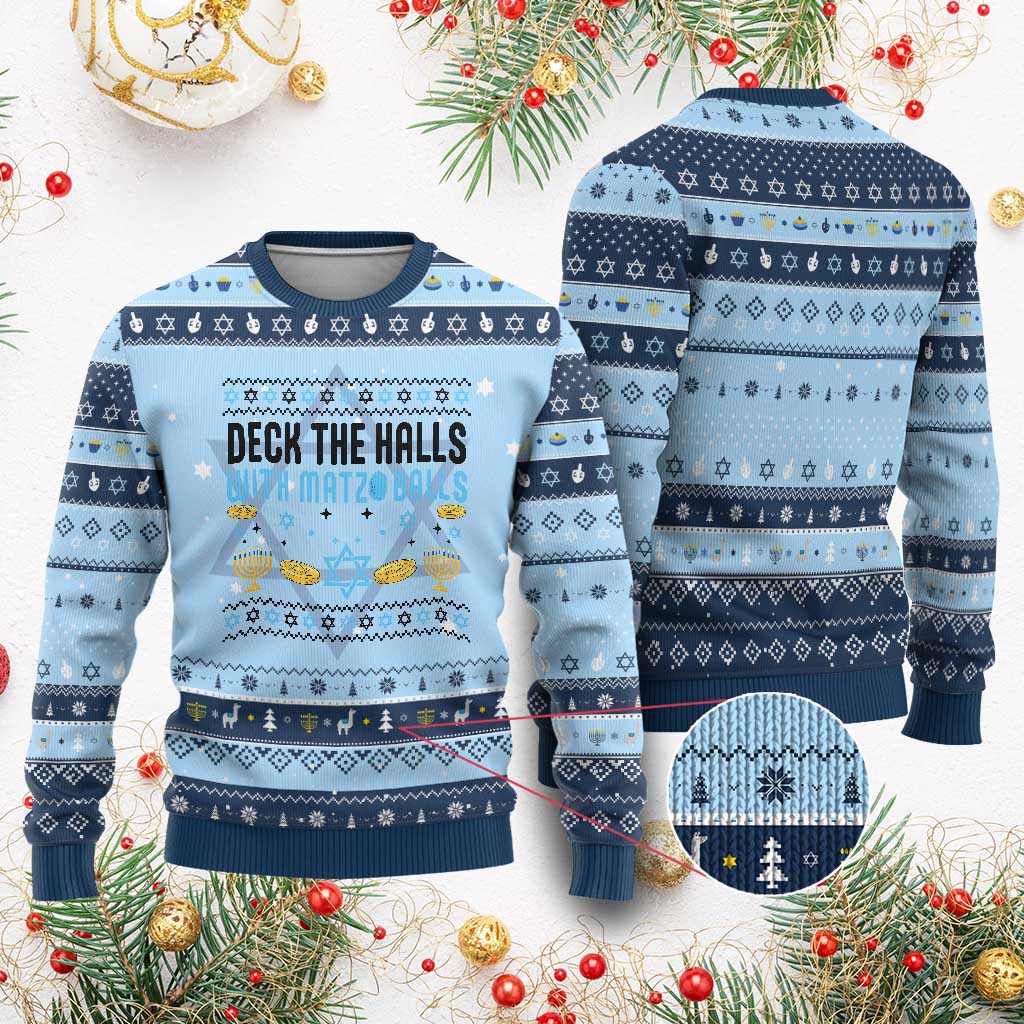 Deck The Halls With Matzo Balls Hanukkah Ugly Sweater Funny Ugly Jewish Holiday Gift TS12 Light Blue Navy Print Your Wear