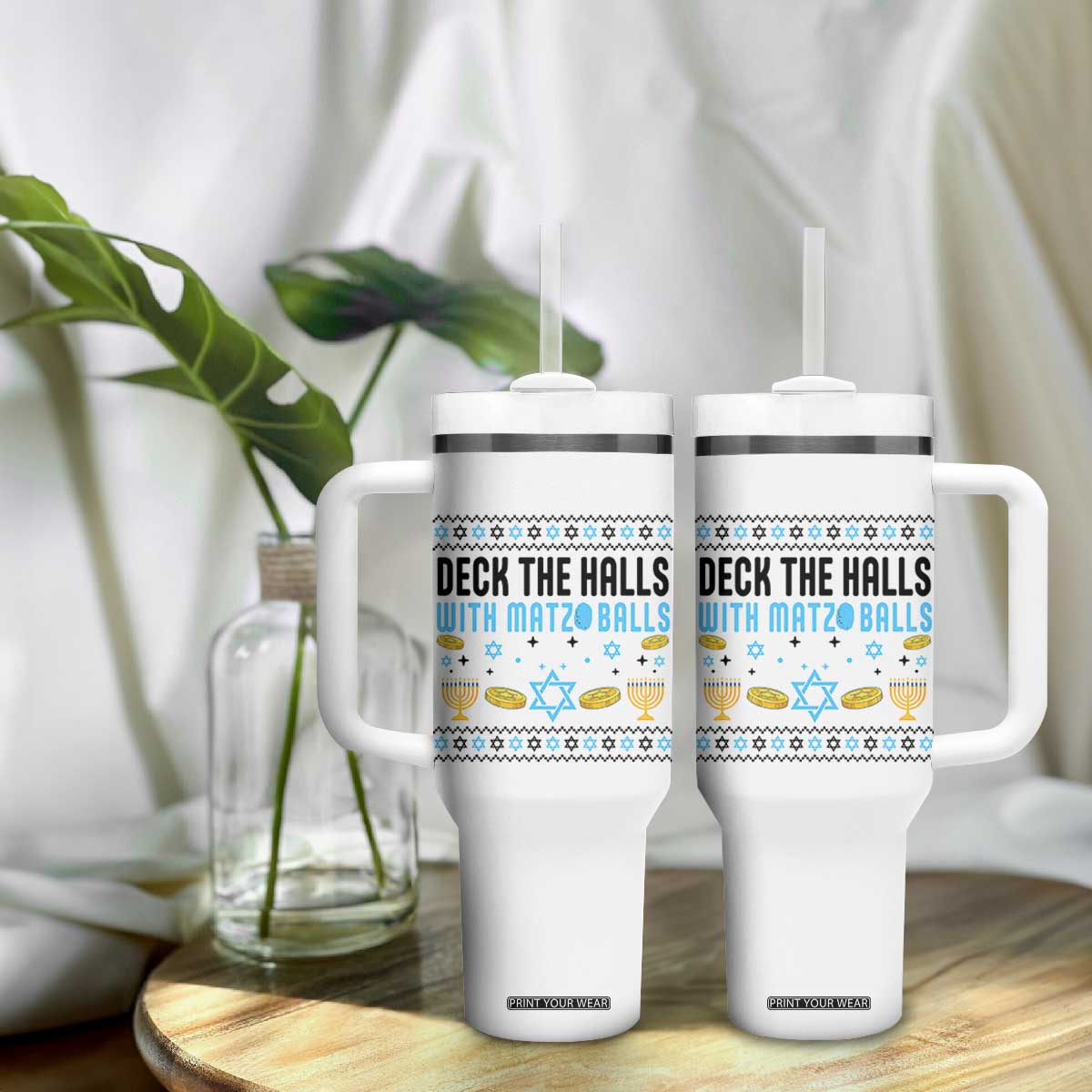 Deck The Halls With Matzo Balls Tumbler With Handle Funny Ugly Jewish Holiday Gift TS12 Print Your Wear