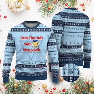 Deck The Halls With Matzo Balls Hanukkah Ugly Sweater Religious Jewish Holiday Gift TS12 Light Blue Navy Print Your Wear