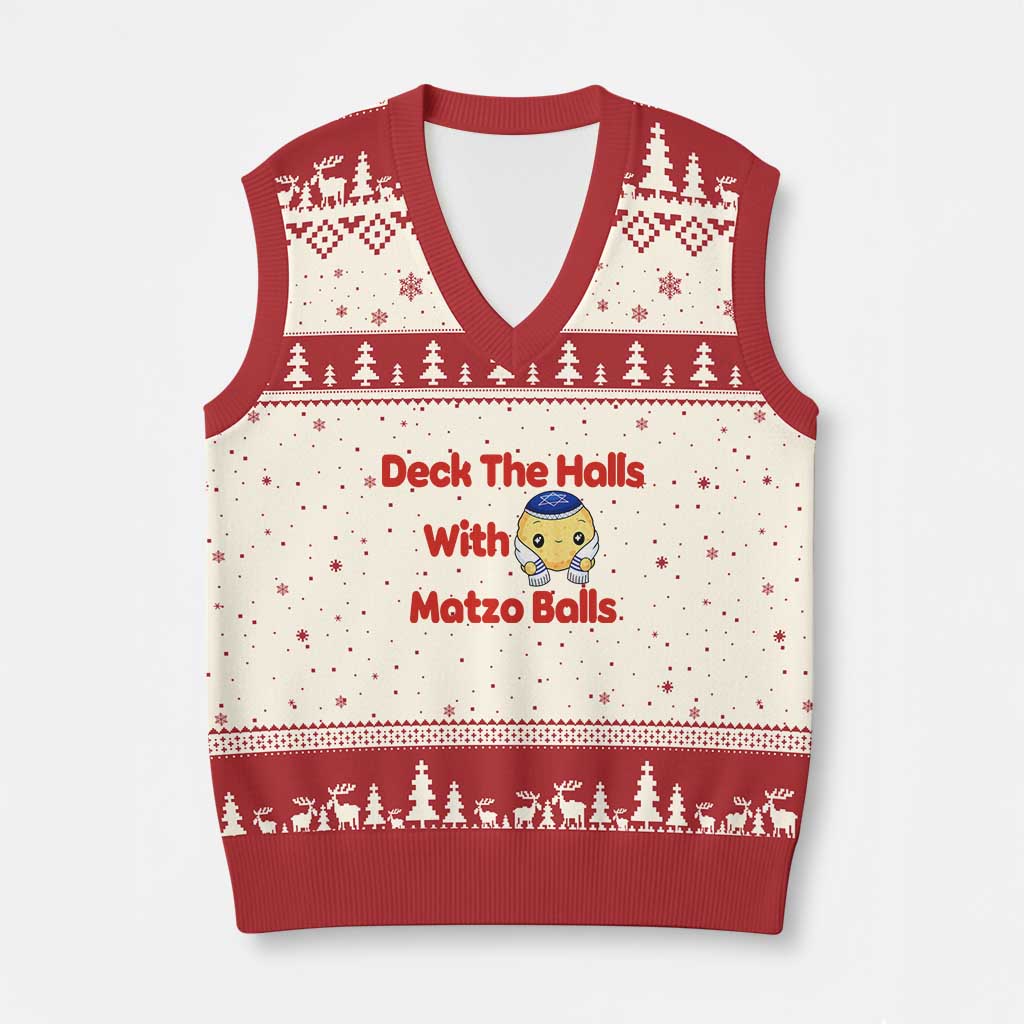 Deck The Halls With Matzo Balls V-Neck Knit Sweater Vest Religious Jewish Holiday Gift TS12 Beige Red Print Your Wear