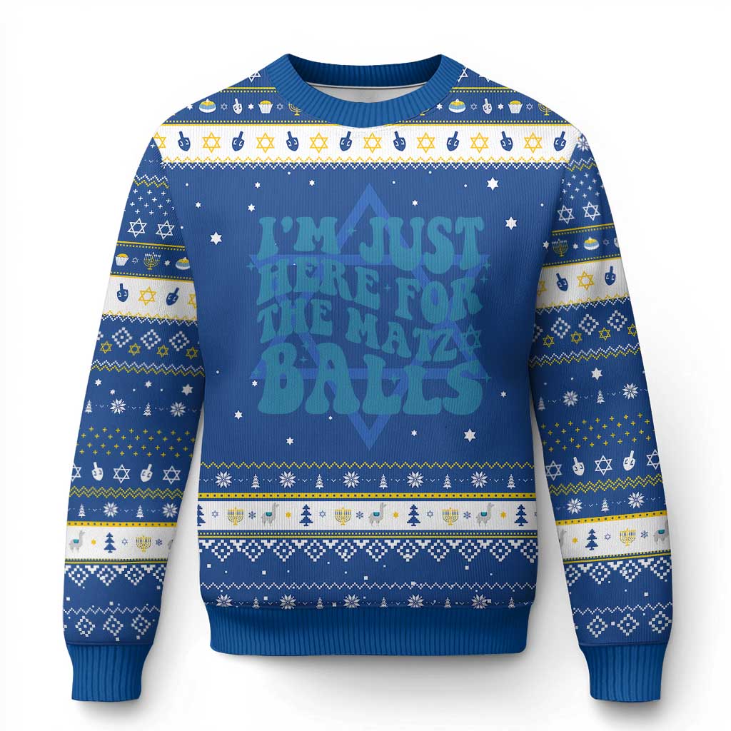 Funny Im Just Here For The Matzo Balls Jewish Gift Hanukkah Ugly Sweater TS12 Blue White Print Your Wear