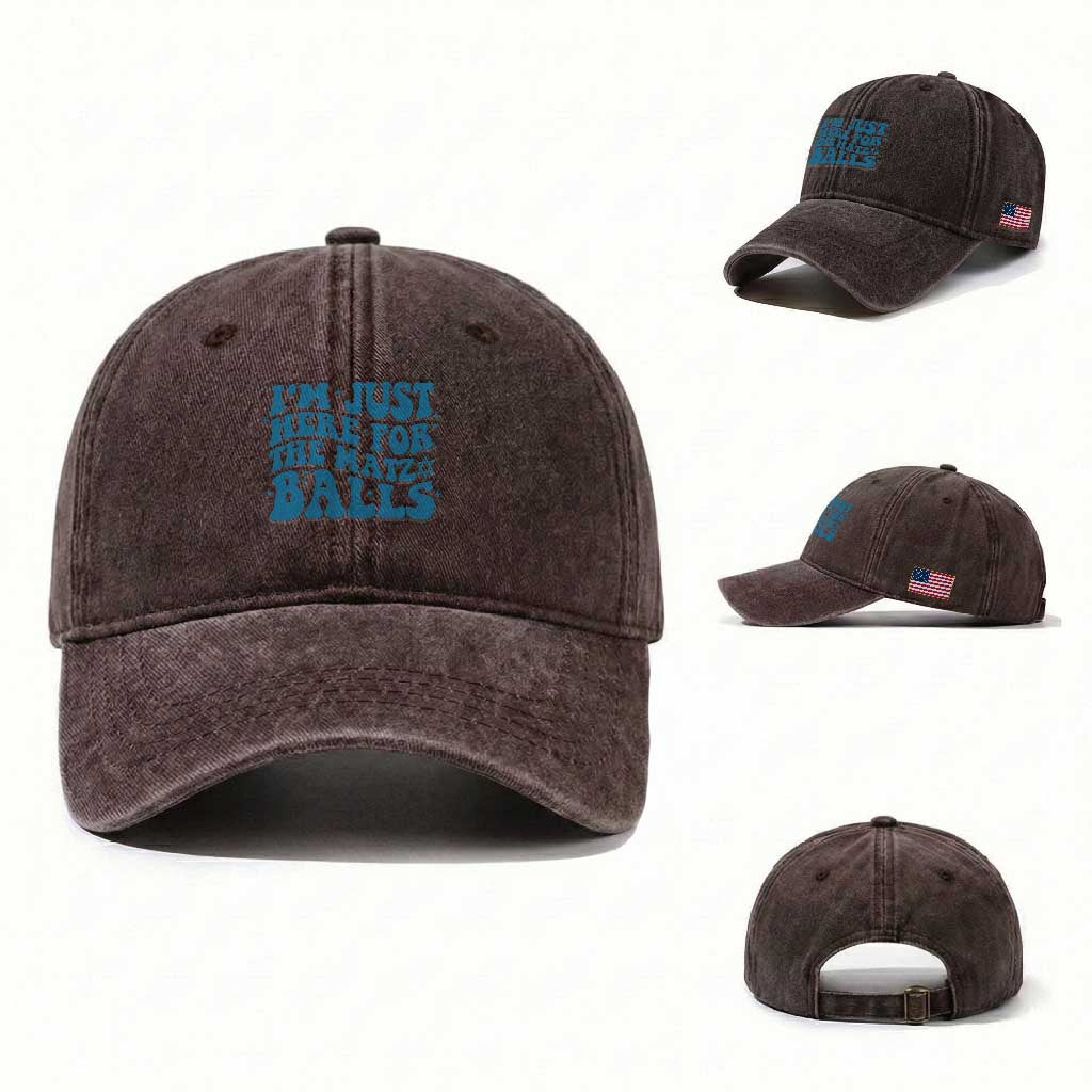 Funny Hanukkah Washed Cotton Baseball Cap Im Just Here For The Matzo Balls Jewish Gift TS12 Washed Cap Universal Fit Dark Brown Print Your Wear