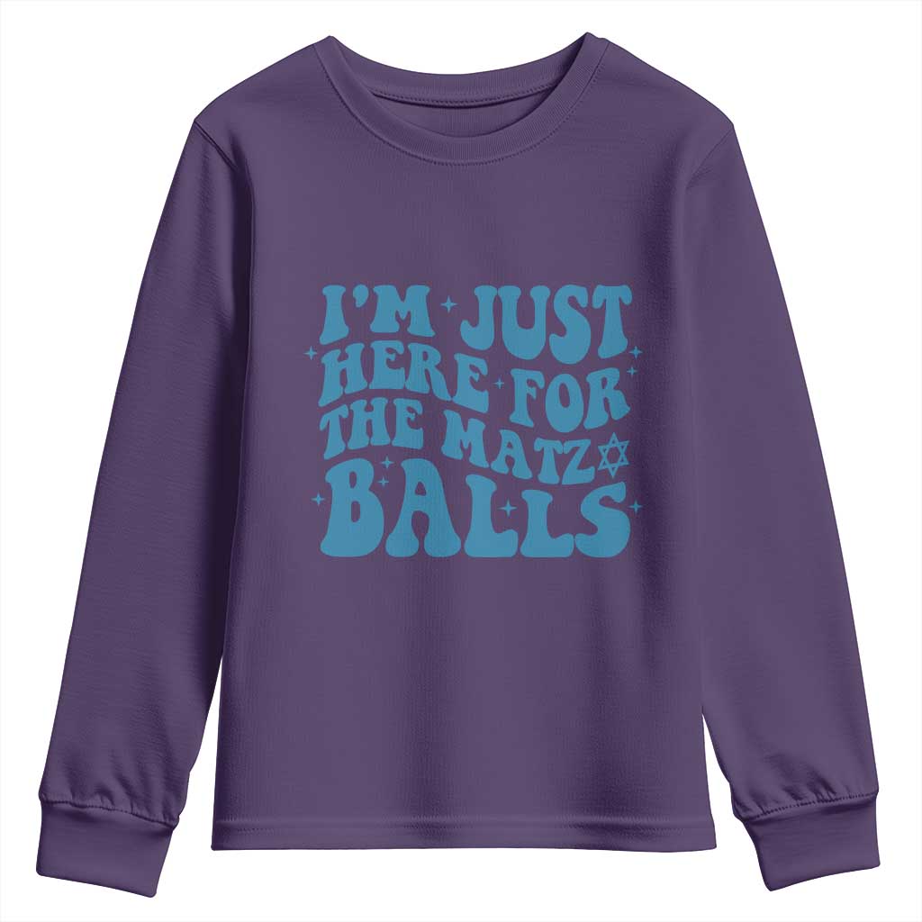 Funny Hanukkah Youth Sweatshirt Im Just Here For The Matzo Balls Jewish Gift TS12 Purple Print Your Wear