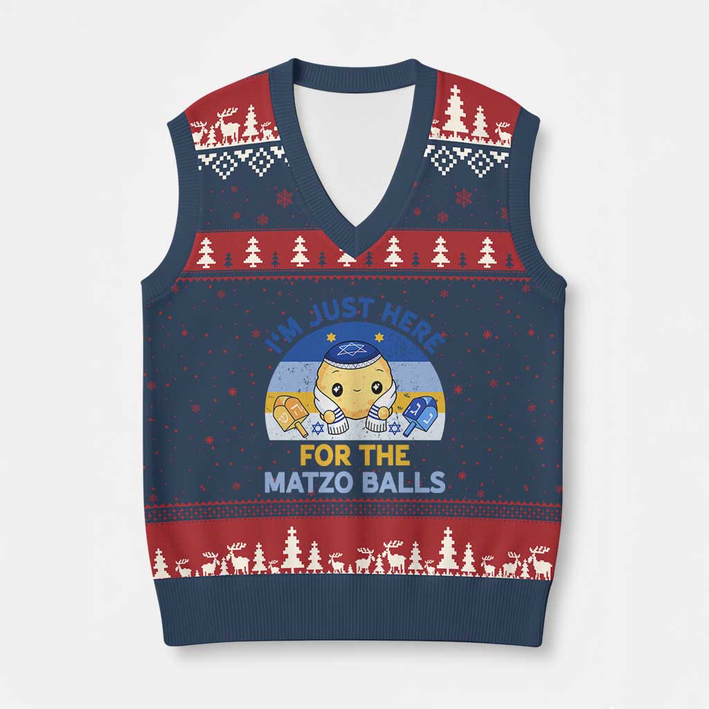 Im Just Here For The Matzo Balls V-Neck Knit Sweater Vest Funny Jewish Holiday Gift TS12 Navy Red Print Your Wear