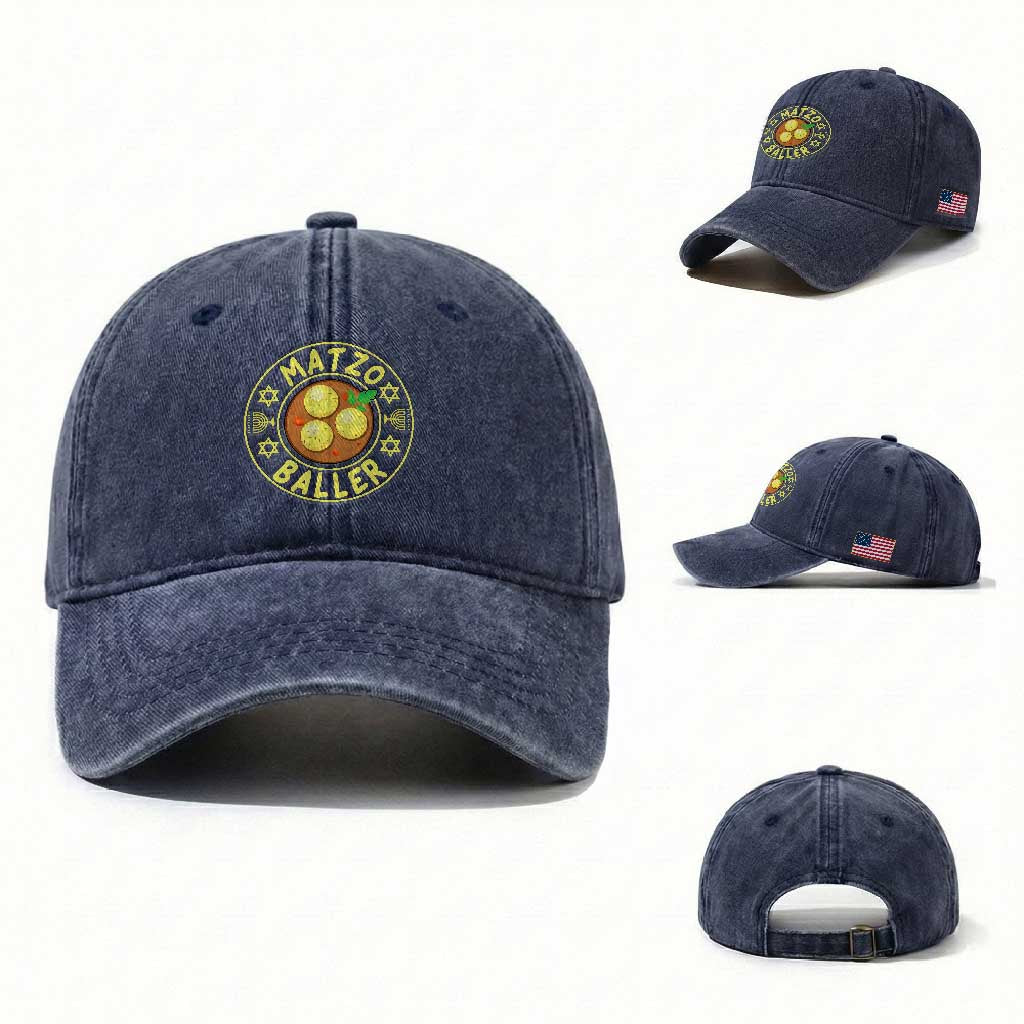 Funny Hanukkah Food Lover Gift Washed Cotton Baseball Cap Matzo Baller TS12 Washed Cap Universal Fit Navy Print Your Wear