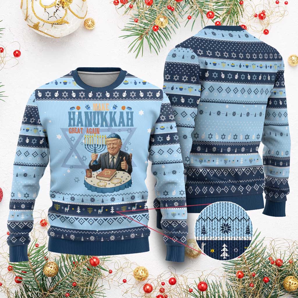 Funny Jewish Holiday Hanukkah Ugly Sweater Make Chanukkah Great Again Ugly Gift TS12 Light Blue Navy Print Your Wear