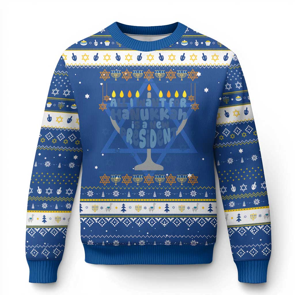 Funny Political Ugly Hanukkah Ugly Sweater All I Want For Chanukkah Is A New President TS12 Blue White Print Your Wear