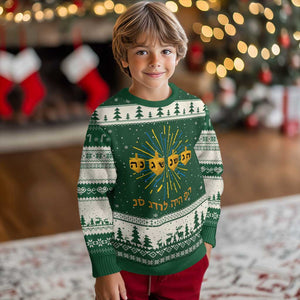 Hanukkah Dreidel Hebrew Quote Ugly Christmas Sweater Nes Gadol Haya Po Jewish Gift TS12 Forest Green Beige Print Your Wear
