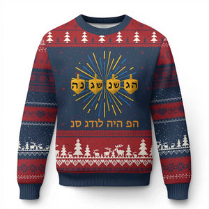 Hanukkah Dreidel Hebrew Quote Ugly Christmas Sweater Nes Gadol Haya Po Jewish Gift TS12 Navy Red Print Your Wear
