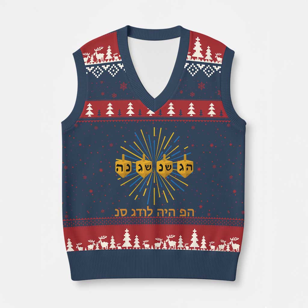 Hanukkah Dreidel Hebrew Quote V-Neck Knit Sweater Vest Nes Gadol Haya Po Jewish Gift TS12 Navy Red Print Your Wear