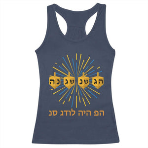 Hanukkah Dreidel Hebrew Quote Racerback Tank Top Nes Gadol Haya Po Jewish Gift TS12 Navy Print Your Wear