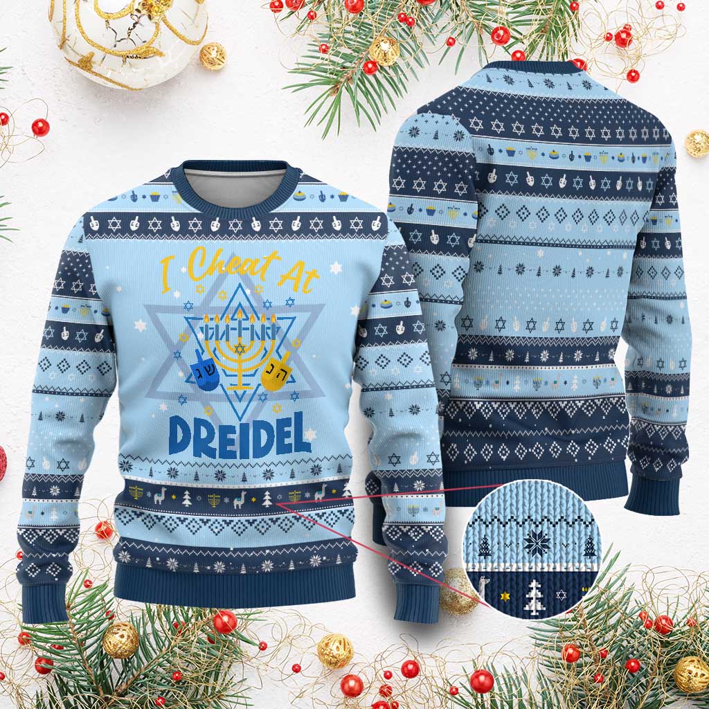 I Cheat At Dreidel Hanukkah Ugly Sweater Funny Jewish Gift TS12 Light Blue Navy Print Your Wear