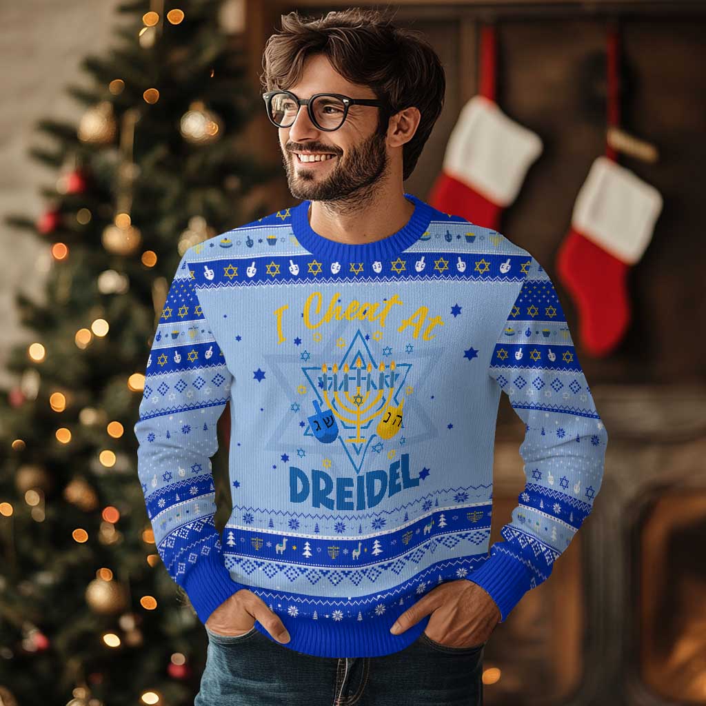 I Cheat At Dreidel Hanukkah Ugly Sweater Funny Jewish Gift TS12 Light Blue Royal Blue Print Your Wear