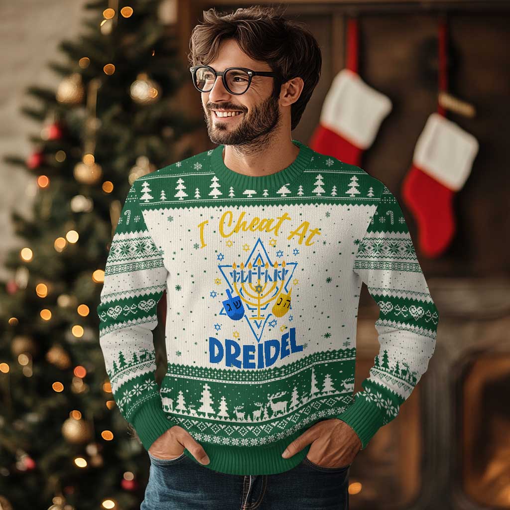 I Cheat At Dreidel Ugly Christmas Sweater Funny Hanukkah Jewish Gift TS12 Beige Green Print Your Wear