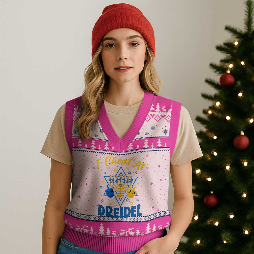 I Cheat At Dreidel V-Neck Knit Sweater Vest Funny Hanukkah Jewish Gift TS12 Hot Pink Print Your Wear