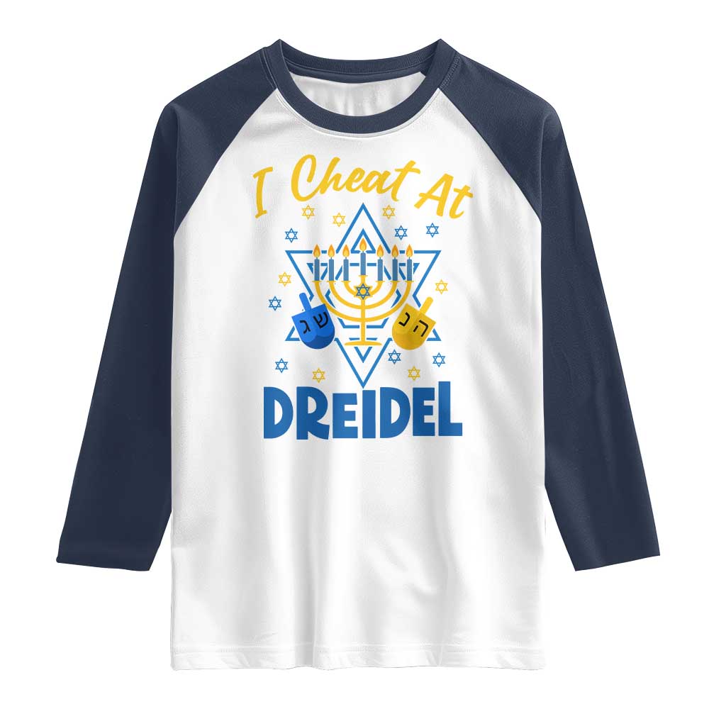 I Cheat At Dreidel Raglan Shirt Funny Hanukkah Jewish Gift TS12 White Navy Print Your Wear