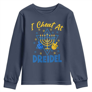 I Cheat At Dreidel Youth Sweatshirt Funny Hanukkah Jewish Gift TS12 Navy Print Your Wear