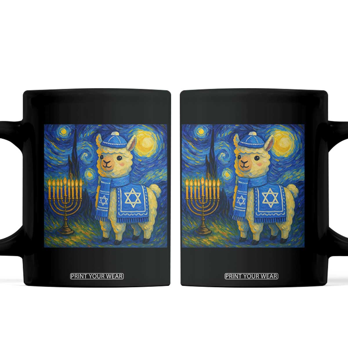 Starry Hanukkah Night Coffee Mug Funny Llama Jewish Holiday Gift TS12 Black Print Your Wear