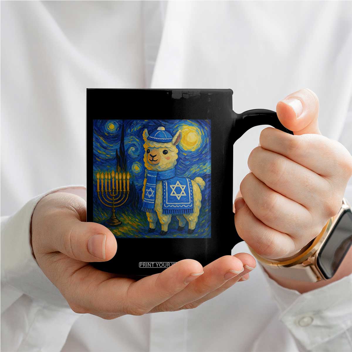 Starry Hanukkah Night Coffee Mug Funny Llama Jewish Holiday Gift TS12 Print Your Wear