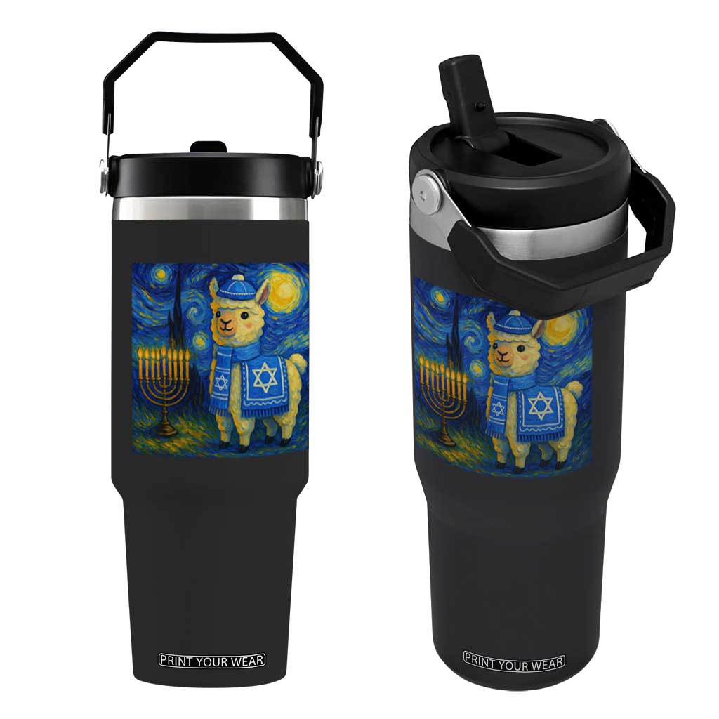 Starry Hanukkah Night Flip Straw Tumbler Funny Llama Jewish Holiday Gift TS12 One Size: 30 oz Black Print Your Wear