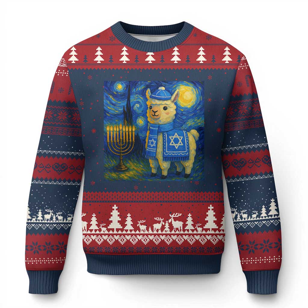 Starry Hanukkah Night Ugly Christmas Sweater Funny Llama Jewish Holiday Gift TS12 Navy Red Print Your Wear