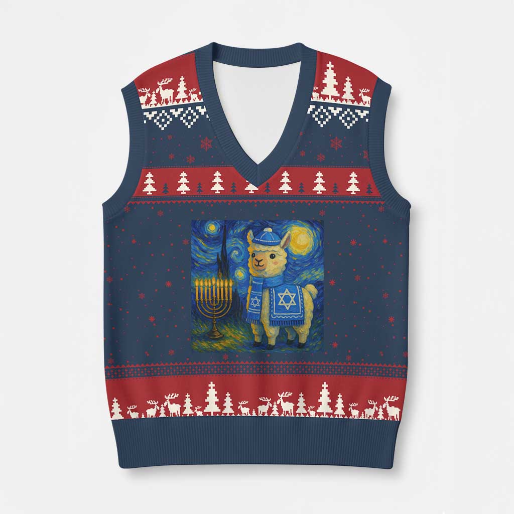 Starry Hanukkah Night V-Neck Knit Sweater Vest Funny Llama Jewish Holiday Gift TS12 Navy Red Print Your Wear