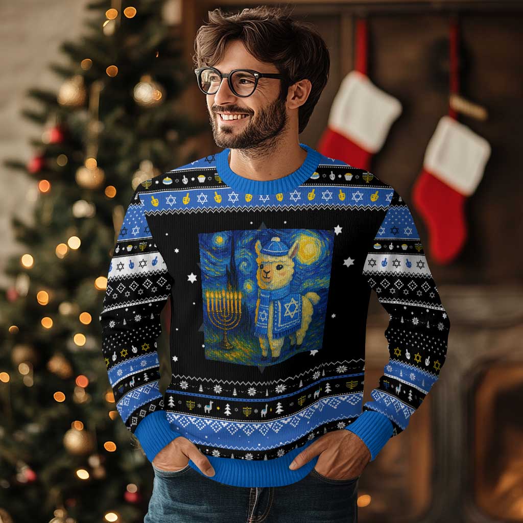 Starry Night Inspired Hanukkah Ugly Sweater Funny Llama Jewish Holiday Gift TS12 Black Blue Print Your Wear