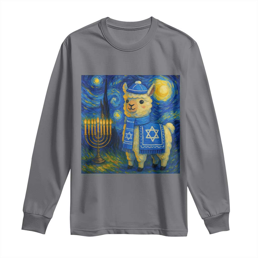 Starry Hanukkah Night Long Sleeve Shirt Funny Llama Jewish Holiday Gift TS12 Charcoal Print Your Wear