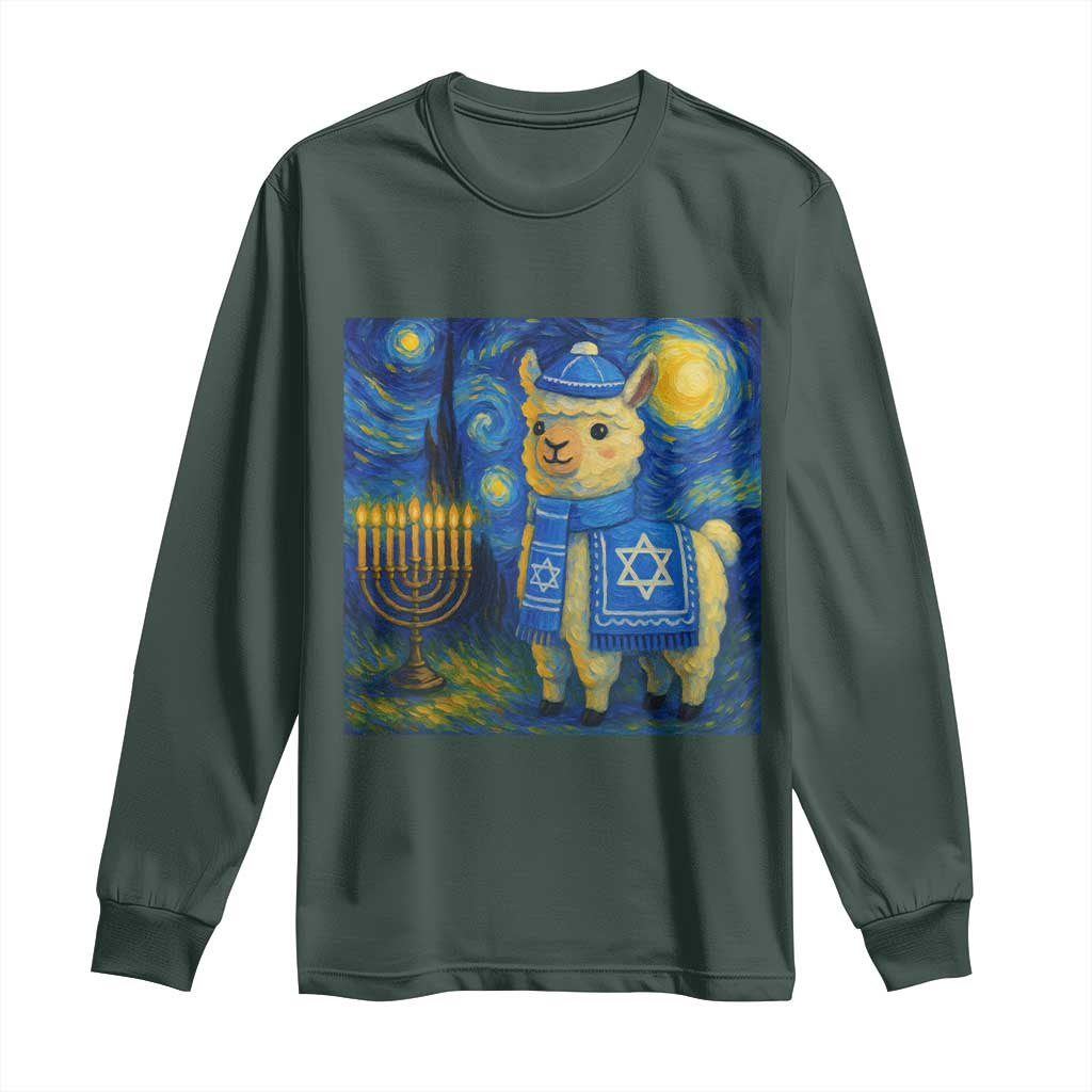 Starry Hanukkah Night Long Sleeve Shirt Funny Llama Jewish Holiday Gift TS12 Dark Forest Green Print Your Wear