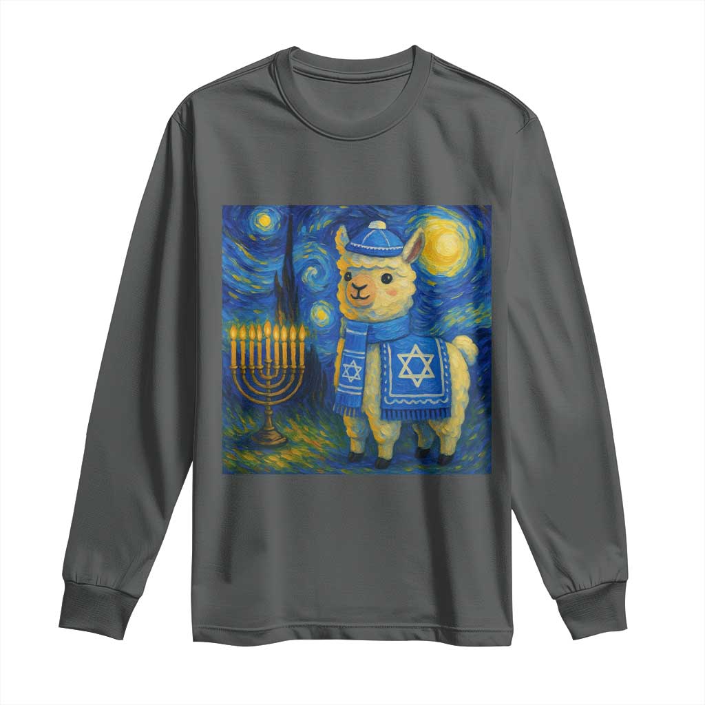 Starry Hanukkah Night Long Sleeve Shirt Funny Llama Jewish Holiday Gift TS12 Dark Heather Print Your Wear