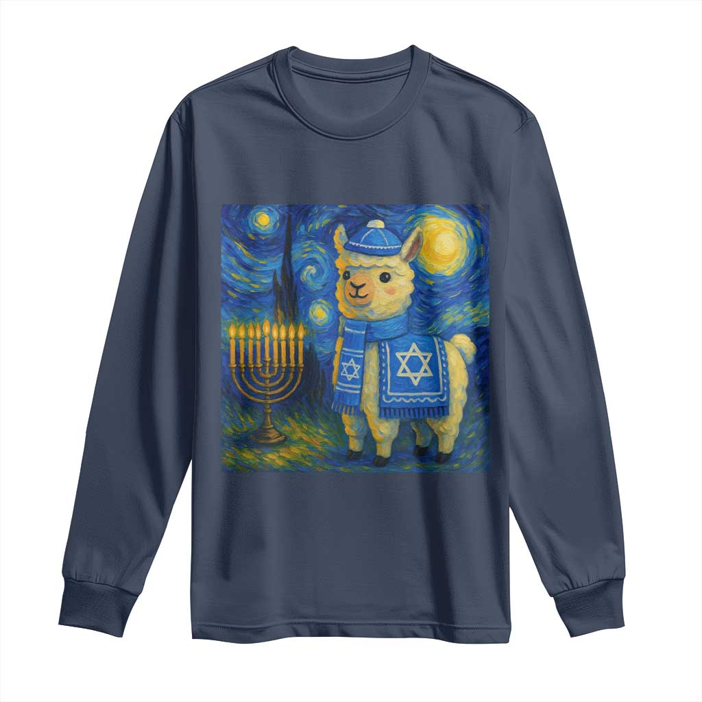 Starry Hanukkah Night Long Sleeve Shirt Funny Llama Jewish Holiday Gift TS12 Navy Print Your Wear