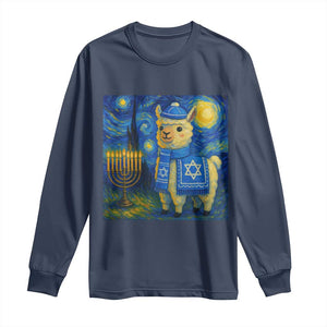 Starry Hanukkah Night Long Sleeve Shirt Funny Llama Jewish Holiday Gift TS12 Navy Print Your Wear