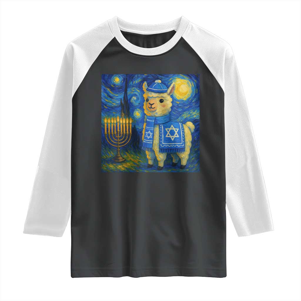 Starry Hanukkah Night Raglan Shirt Funny Llama Jewish Holiday Gift TS12 Black White Print Your Wear