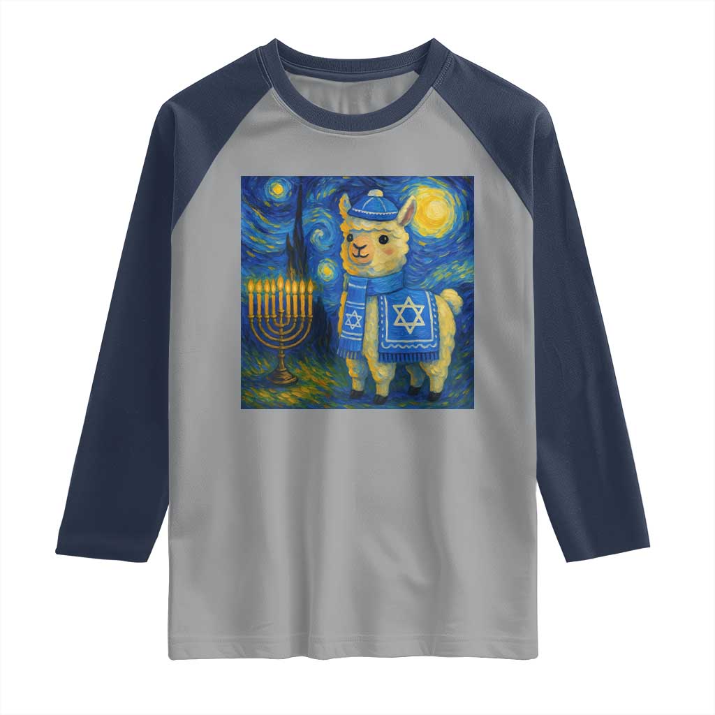 Starry Hanukkah Night Raglan Shirt Funny Llama Jewish Holiday Gift TS12 Sport Gray Navy Print Your Wear