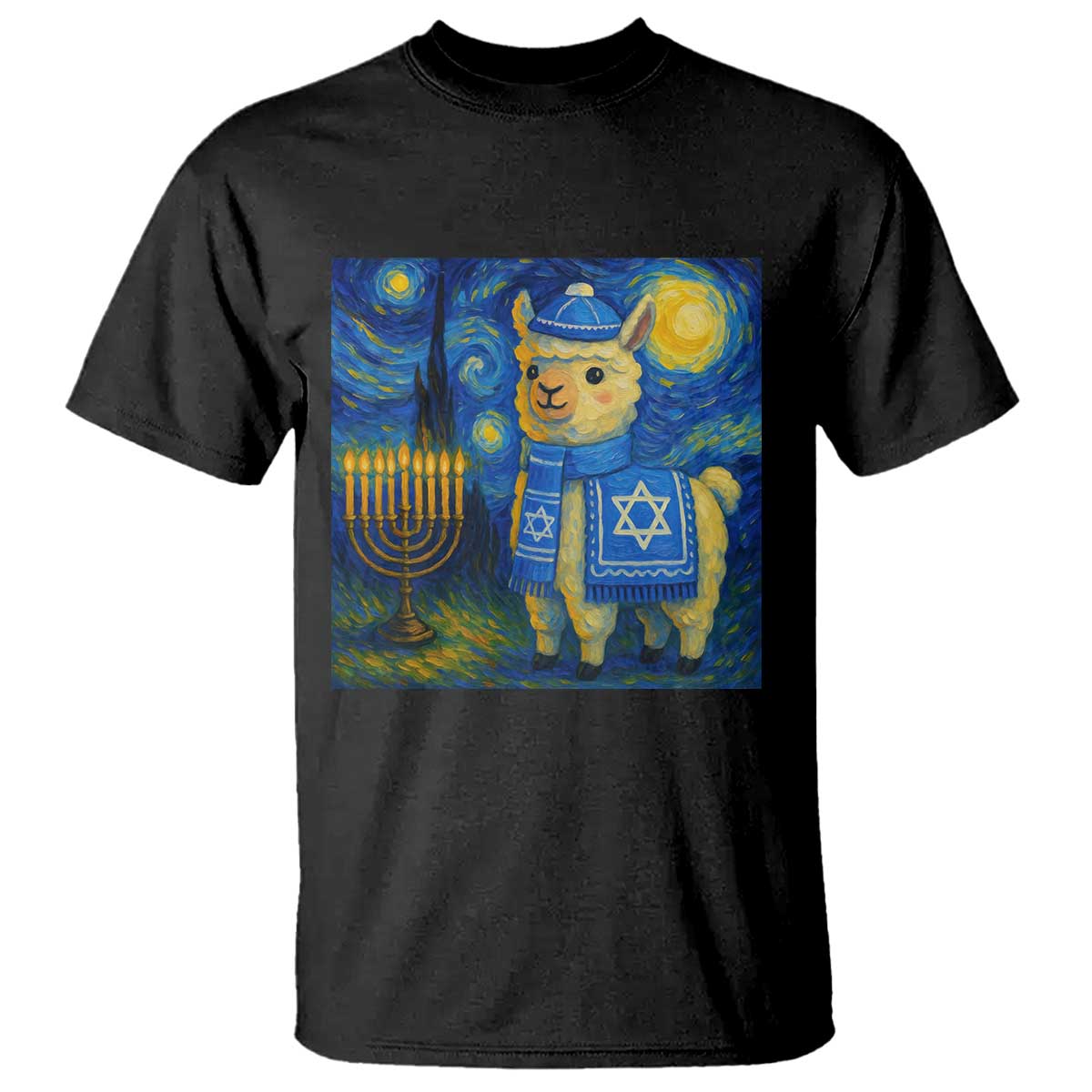Starry Hanukkah Night T Shirt Funny Llama Jewish Holiday Gift TS12 Black Print Your Wear