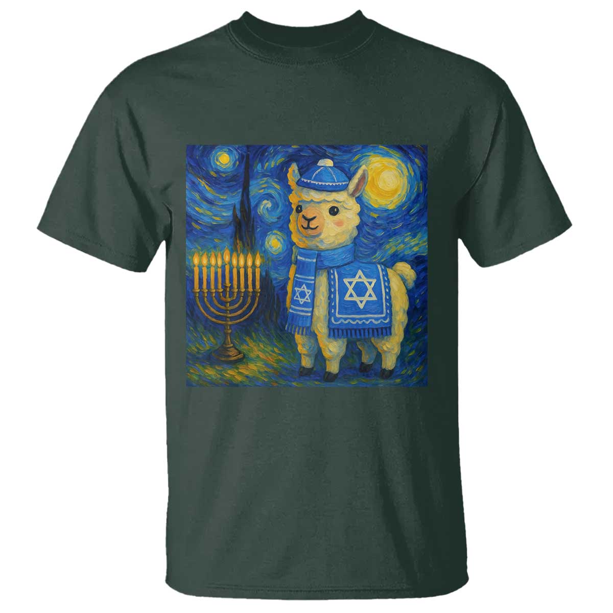 Starry Hanukkah Night T Shirt Funny Llama Jewish Holiday Gift TS12 Dark Forest Green Print Your Wear