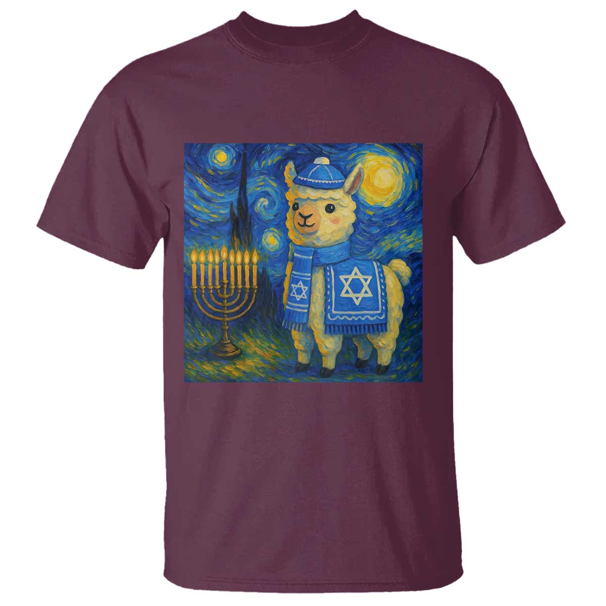 Starry Hanukkah Night T Shirt Funny Llama Jewish Holiday Gift TS12 Maroon Print Your Wear