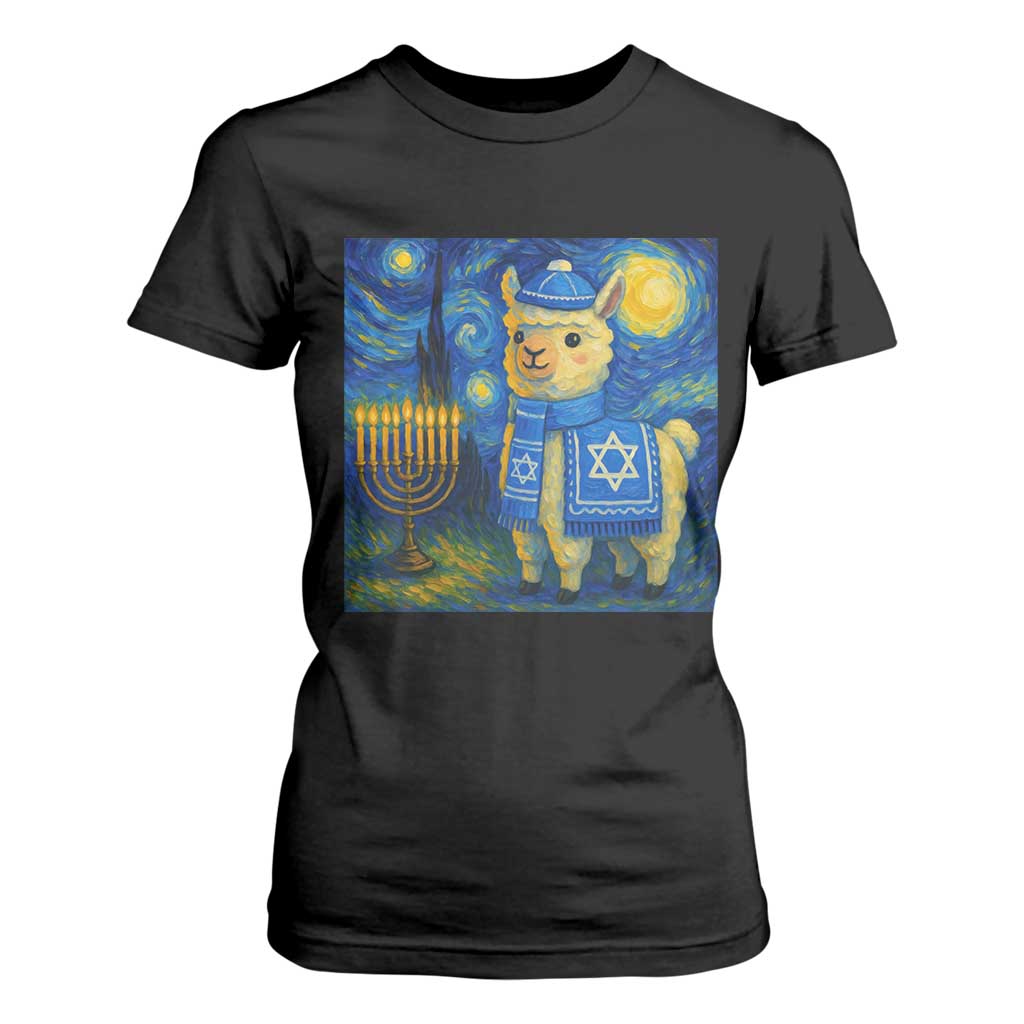 Starry Hanukkah Night T Shirt For Women Funny Llama Jewish Holiday Gift TS12 Black Print Your Wear