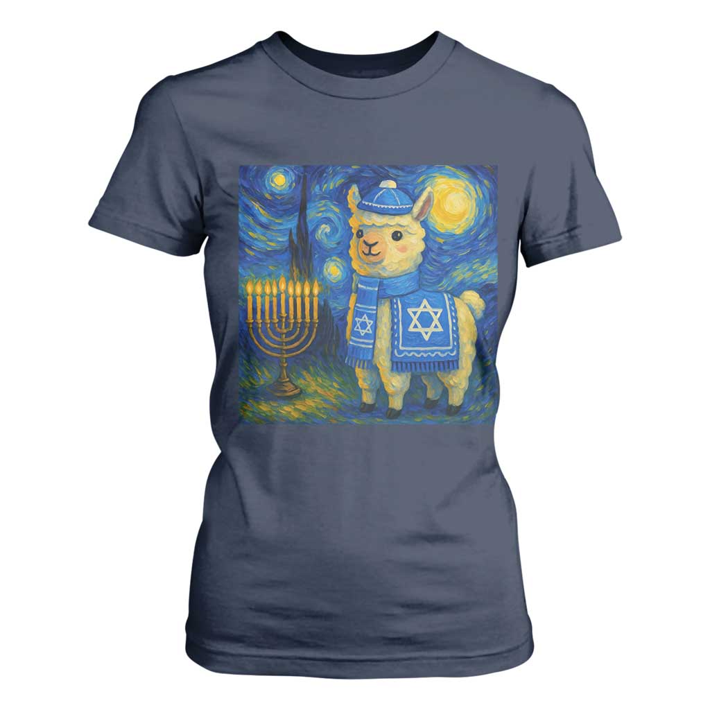 Starry Hanukkah Night T Shirt For Women Funny Llama Jewish Holiday Gift TS12 Navy Print Your Wear