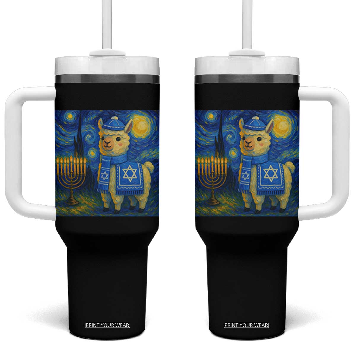 Starry Hanukkah Night Tumbler With Handle Funny Llama Jewish Holiday Gift TS12 One Size: 40 oz Black Print Your Wear