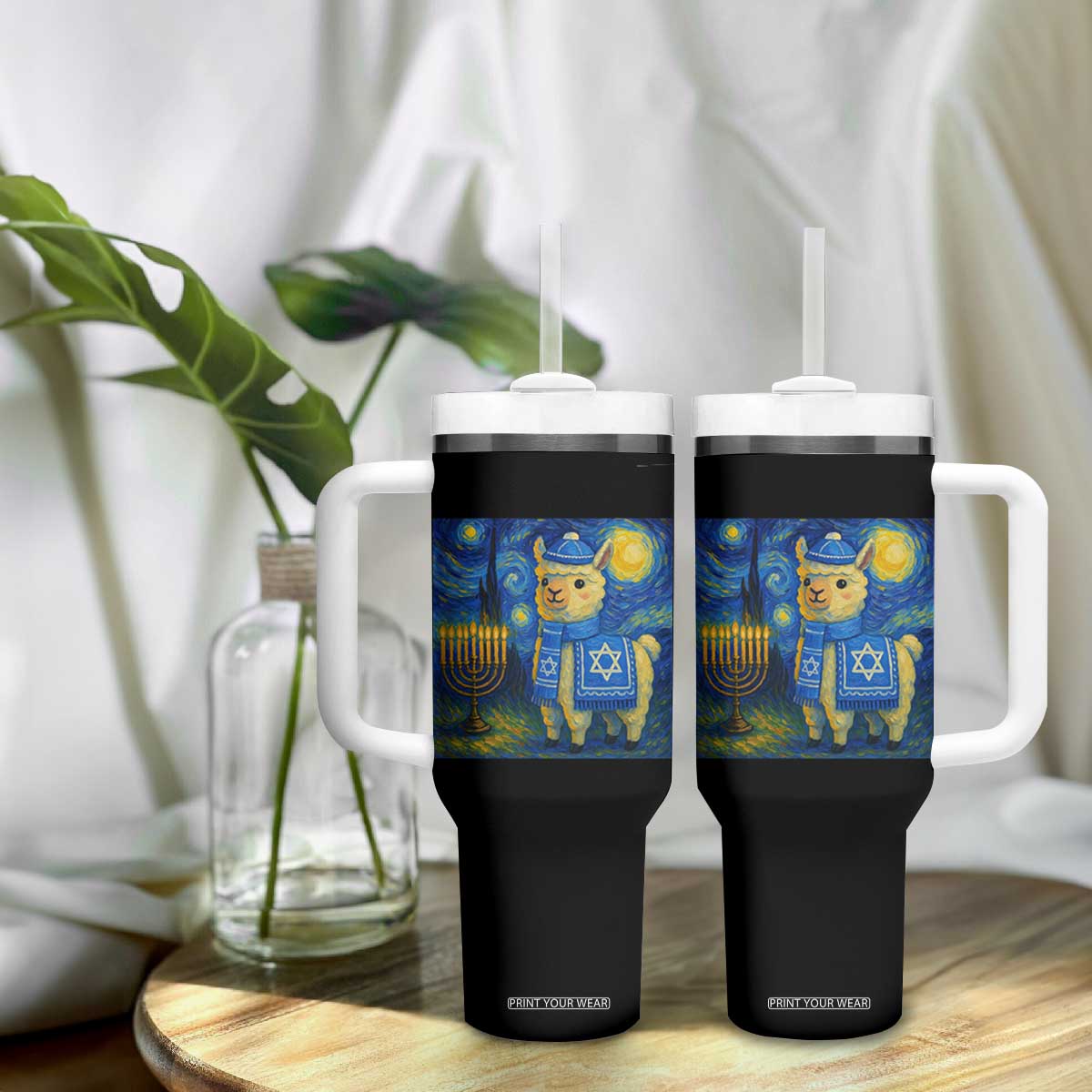 Starry Hanukkah Night Tumbler With Handle Funny Llama Jewish Holiday Gift TS12 Print Your Wear