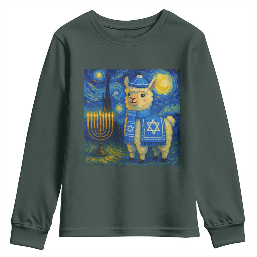 Starry Hanukkah Night Youth Sweatshirt Funny Llama Jewish Holiday Gift TS12 Dark Forest Green Print Your Wear
