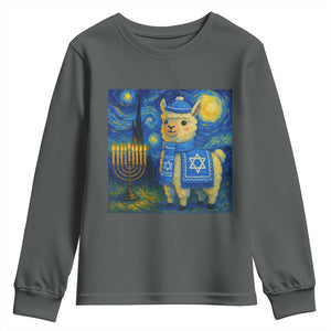 Starry Hanukkah Night Youth Sweatshirt Funny Llama Jewish Holiday Gift TS12 Dark Heather Print Your Wear