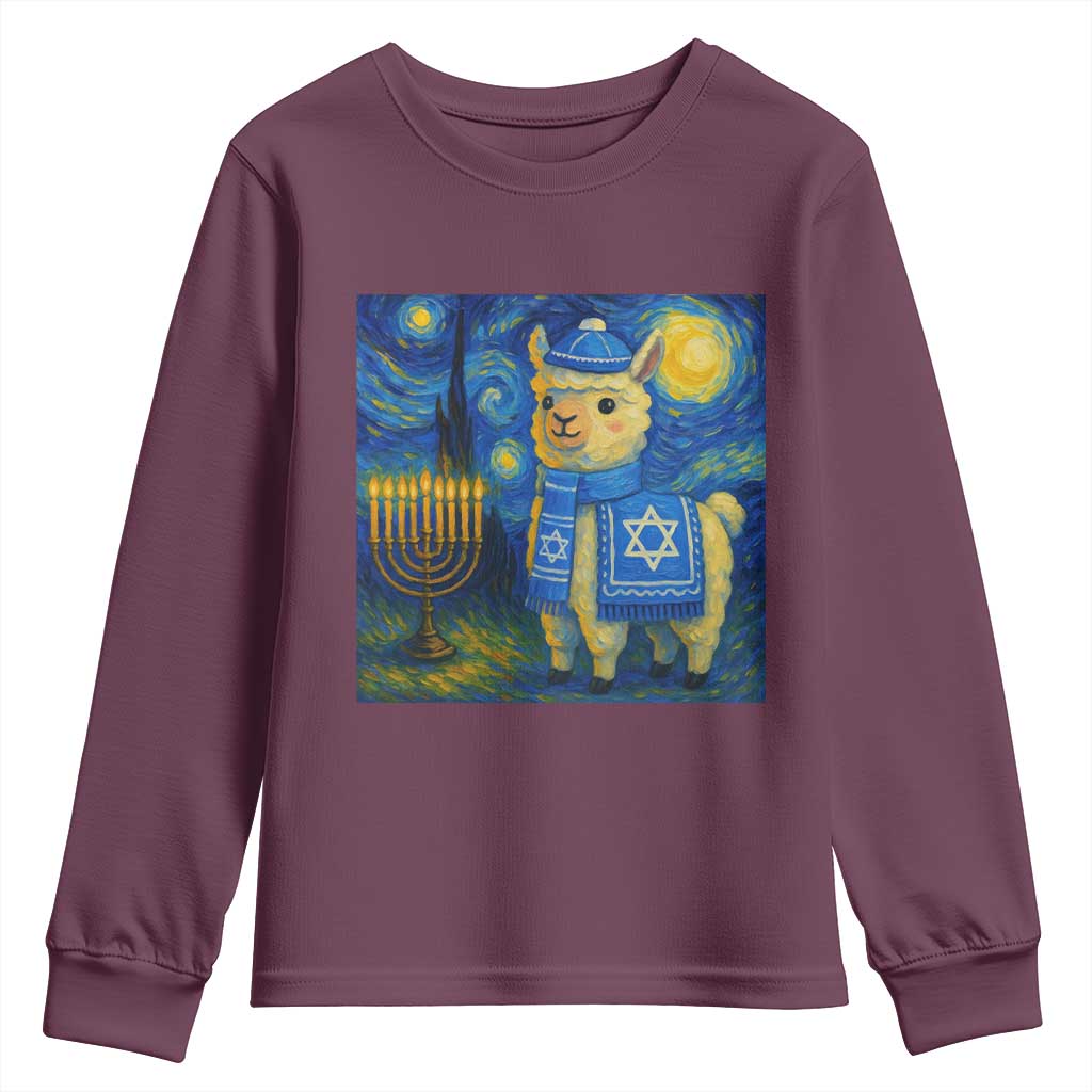 Starry Hanukkah Night Youth Sweatshirt Funny Llama Jewish Holiday Gift TS12 Maroon Print Your Wear