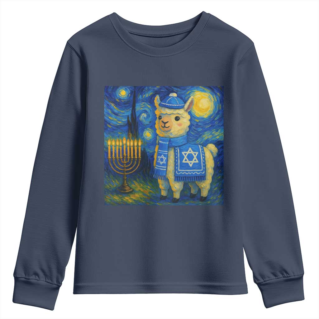 Starry Hanukkah Night Youth Sweatshirt Funny Llama Jewish Holiday Gift TS12 Navy Print Your Wear