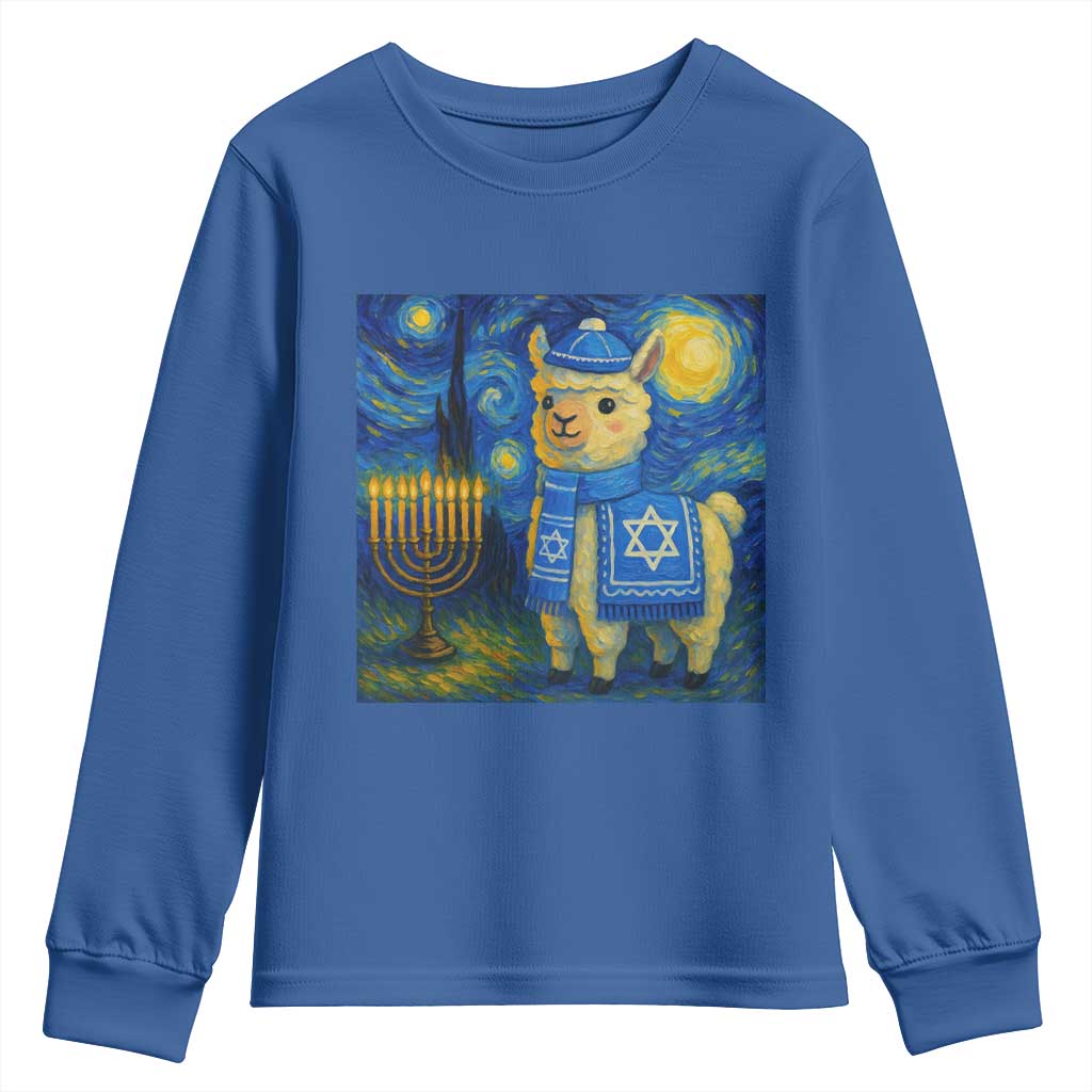 Starry Hanukkah Night Youth Sweatshirt Funny Llama Jewish Holiday Gift TS12 Royal Blue Print Your Wear