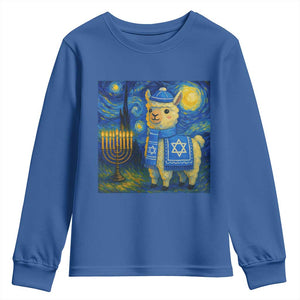 Starry Hanukkah Night Youth Sweatshirt Funny Llama Jewish Holiday Gift TS12 Royal Blue Print Your Wear