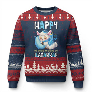 Funny Happy Llamakkah Ugly Christmas Sweater Cute Llama Jewish Holiday Gift TS12 Navy Red Print Your Wear
