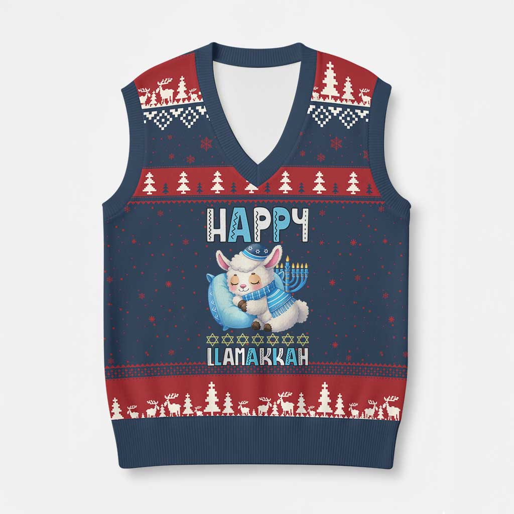 Funny Happy Llamakkah V-Neck Knit Sweater Vest Cute Llama Jewish Holiday Gift TS12 Navy Red Print Your Wear